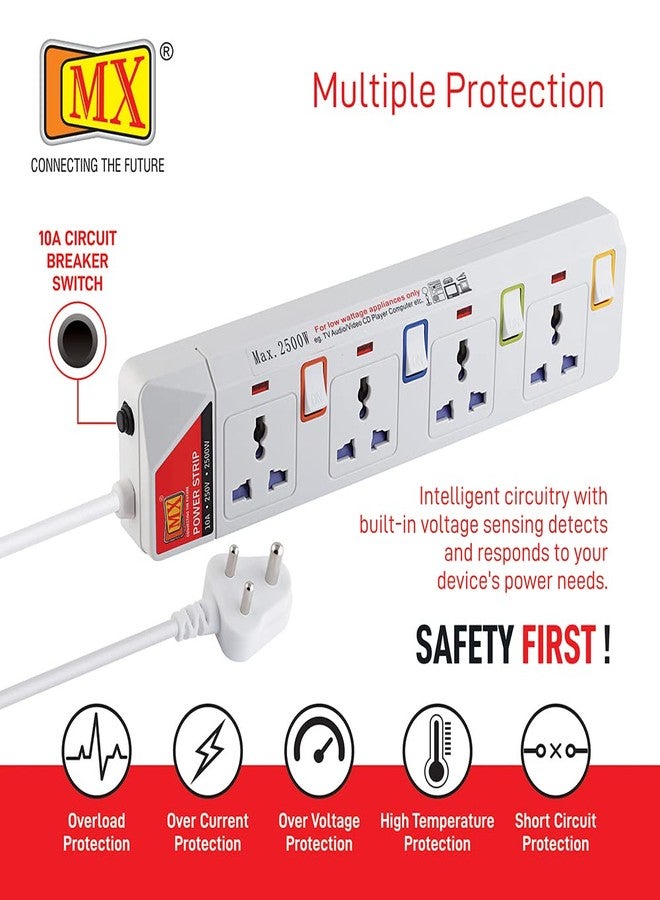 ام كي لوحة تمديد كهربائية MX بأربعة منافذ مع مفاتيح فردية، سلك طاقة شديد التحمل بطول 1.5 متر، مؤشر LED، قاطع دائرة كهربائية، حماية من ارتفاع التيار المفاجئ، وغطاء أمان للأطفال، شريط طاقة للمنزل والمكتب - Image 4